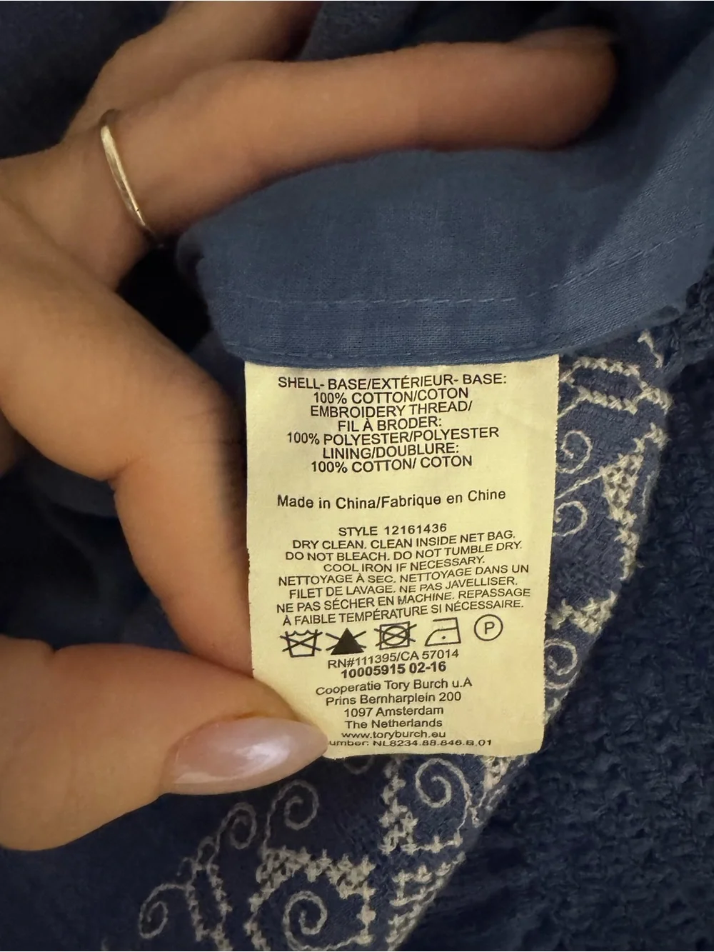 Tory Burch Blue Off-Shoulder Embroidered Long-Sleeve Dress